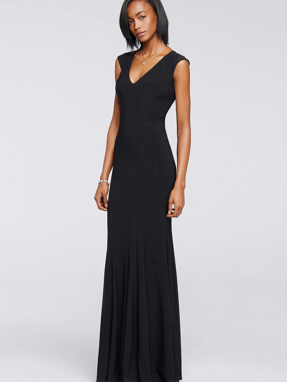 Betsy & Adam Black V-Neck Maxi Evening Gown